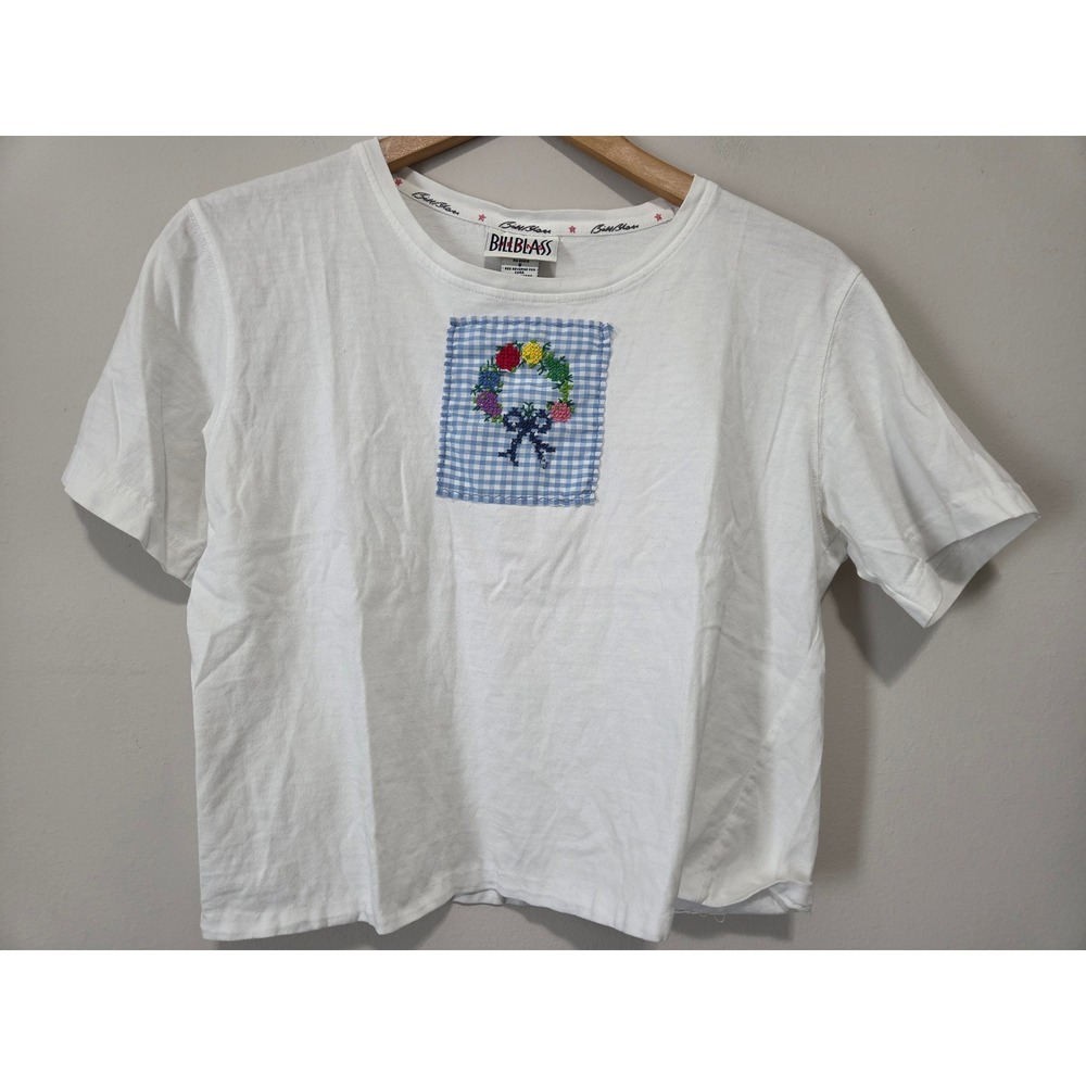 Bill Blass Jeans White T-Shirt Floral Wreath Gingham Patch Cotton Vintage Small